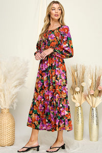 Grace Long Sleeve Floral Dress (Black/Rust)