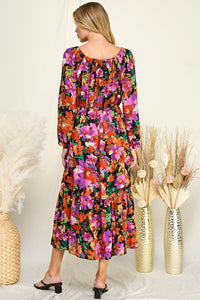 Grace Long Sleeve Floral Dress (Black/Rust)