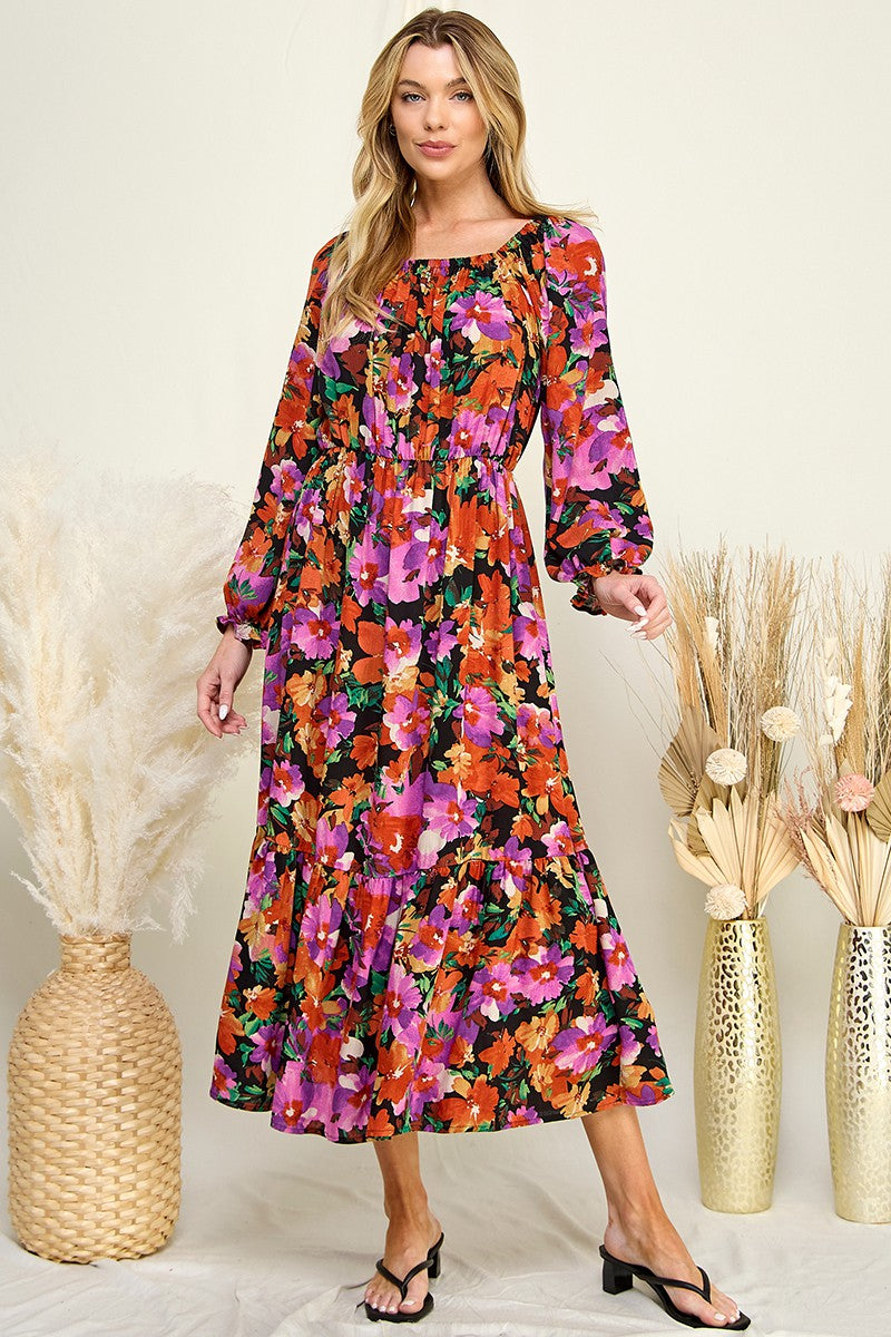 Grace Long Sleeve Floral Dress (Black/Rust)