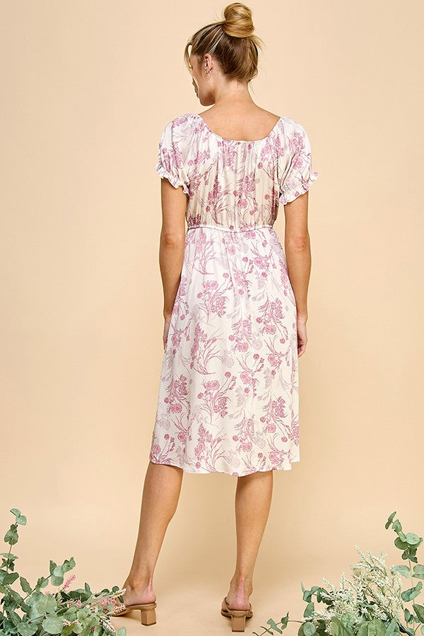 Ava Short Sleeve Printed Dress (Ivory/Pink)