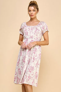 Ava Short Sleeve Printed Dress (Ivory/Pink)