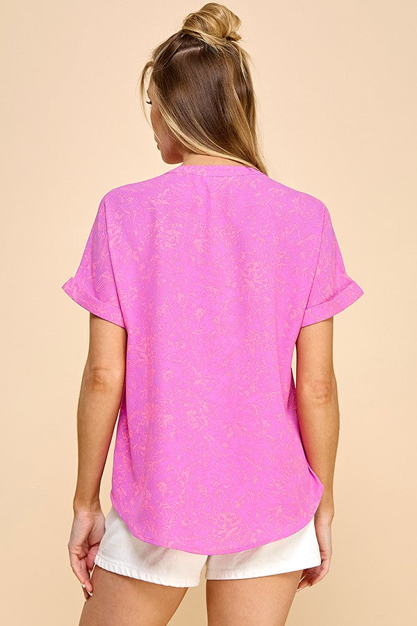 Vibe Chic Buttoned V-Neck Top (Pink)
