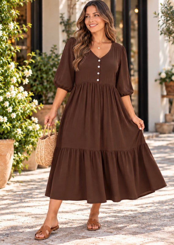 Cocoa Breeze Tiered Midi Dress