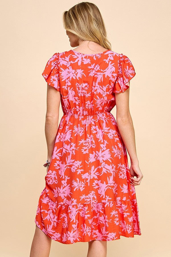 Maya Short Sleeve Floral Dress (Red)