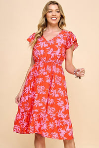Maya Short Sleeve Floral Dress (Red)