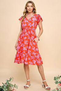 Maya Short Sleeve Floral Dress (Red)